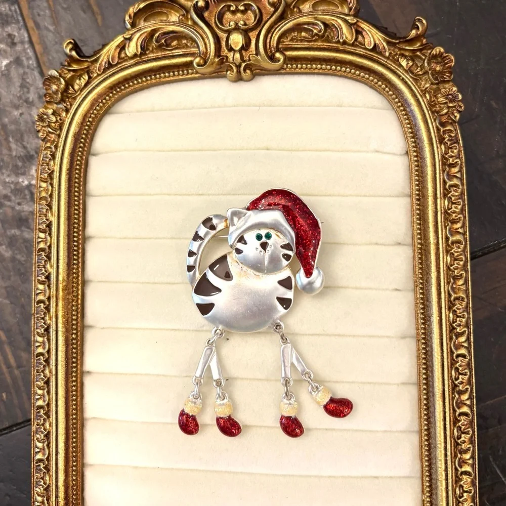 Green Eyed Christmas Cat Brooch Pin‎ Articulated Red Cap Mittens Sparkle Enamel